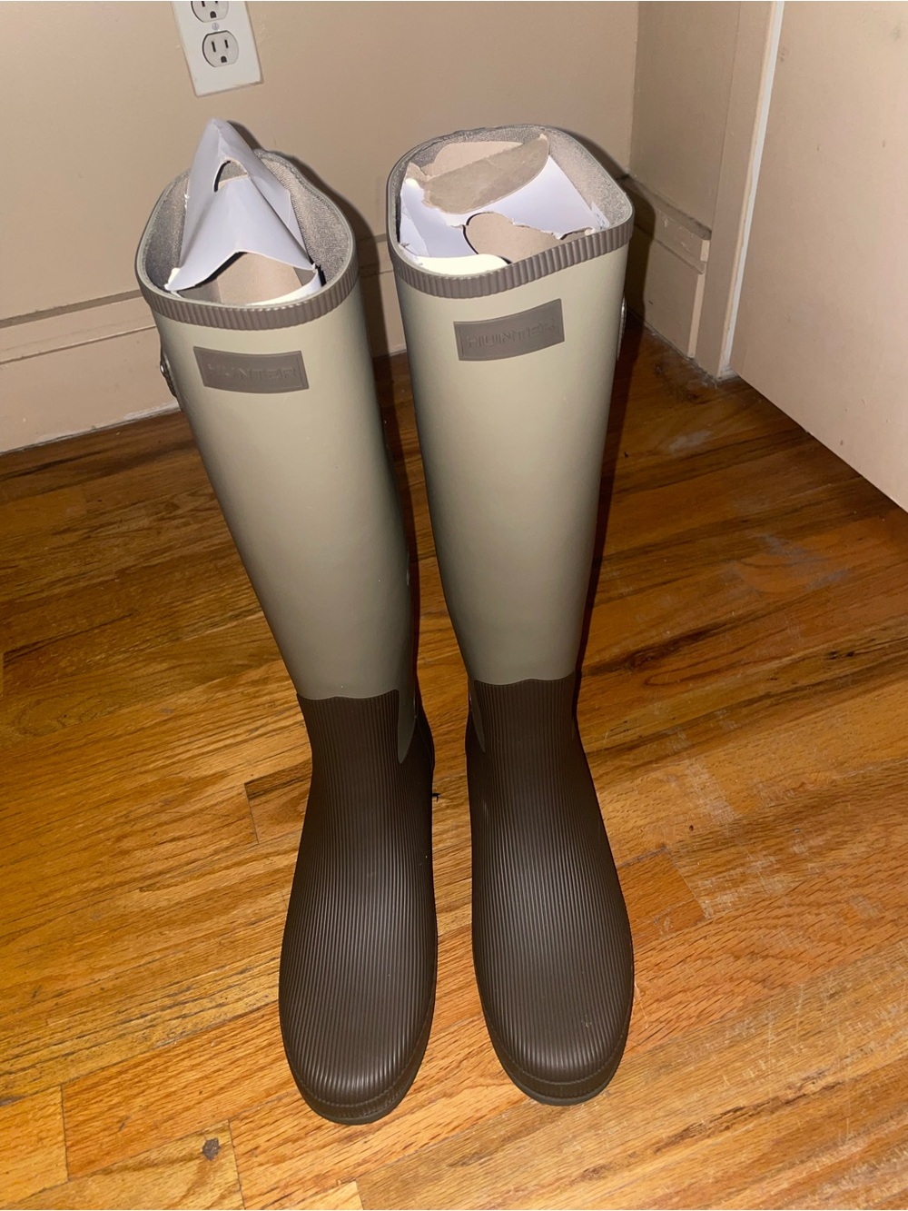 Hunter Tall Rain Boots in Olive and Dark Brown - Picture 4 of 5